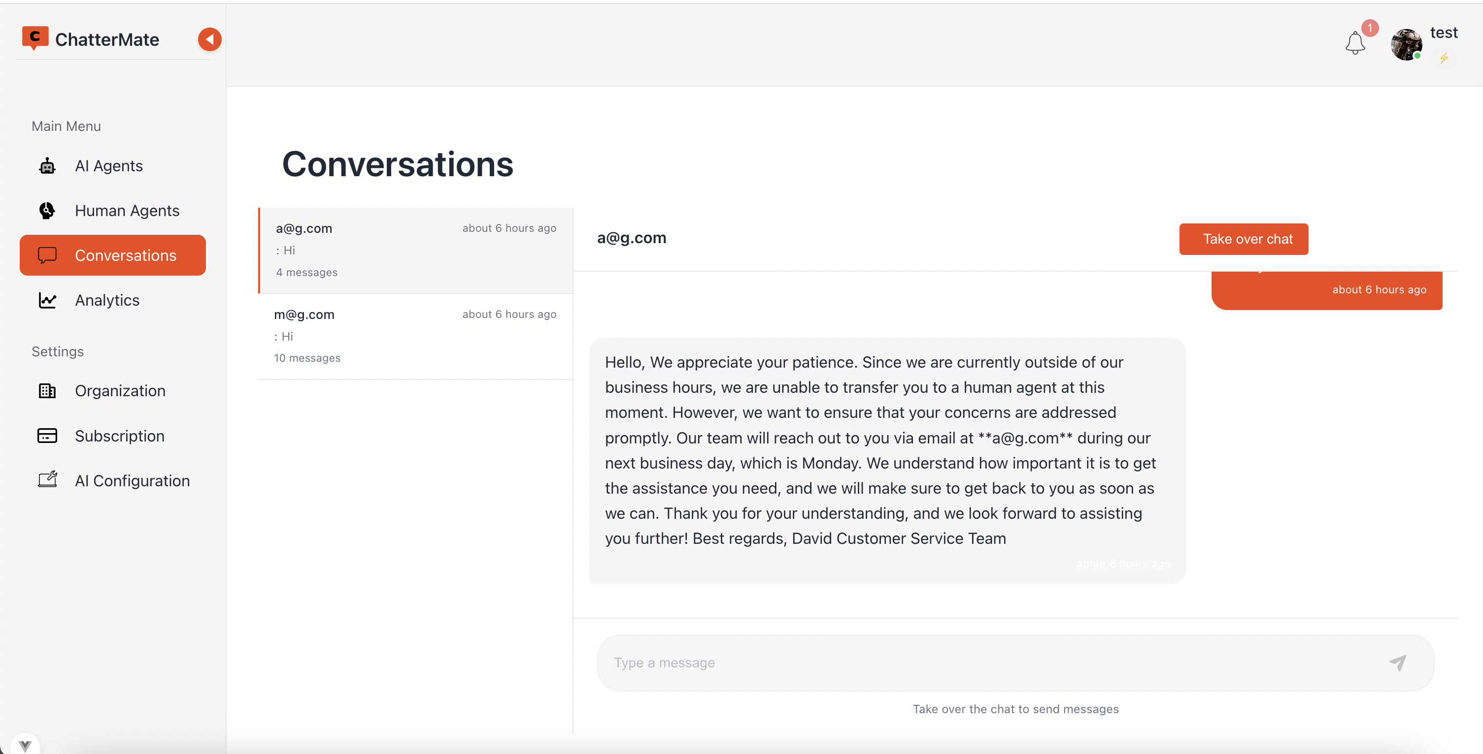 ChatterMate helpdesk analytics dashboard
