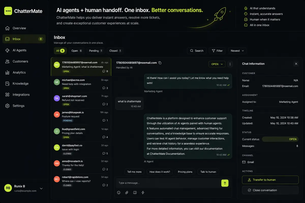 ChatterMate shared inbox with AI and human conversations