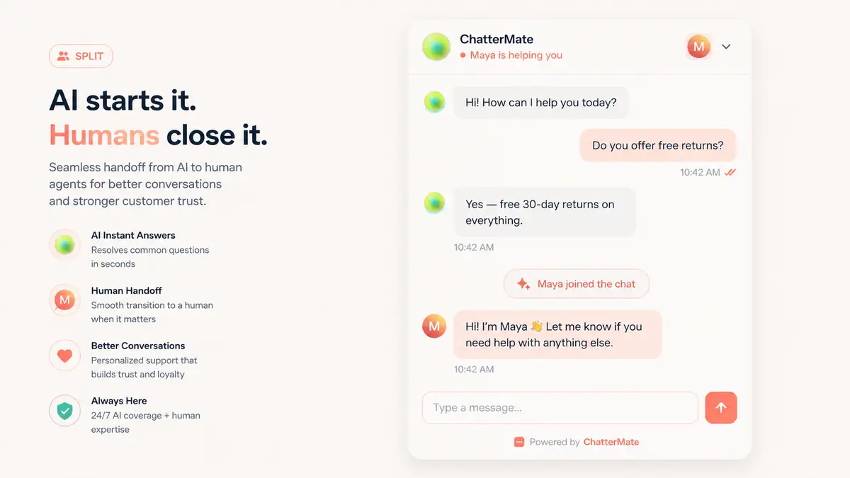 AI to human handoff inside the ChatterMate widget